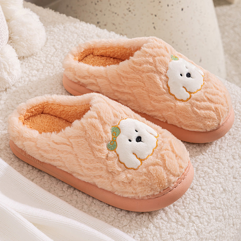 Couple Cotton Slippers Indoor Thickening Warm Plush Cotton Shoes with cute dog design in soft peach color.