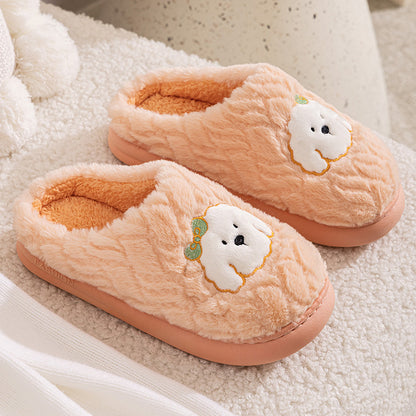 Couple Cotton Slippers Indoor Thickening Warm Plush Cotton Shoes with cute dog design in soft peach color.