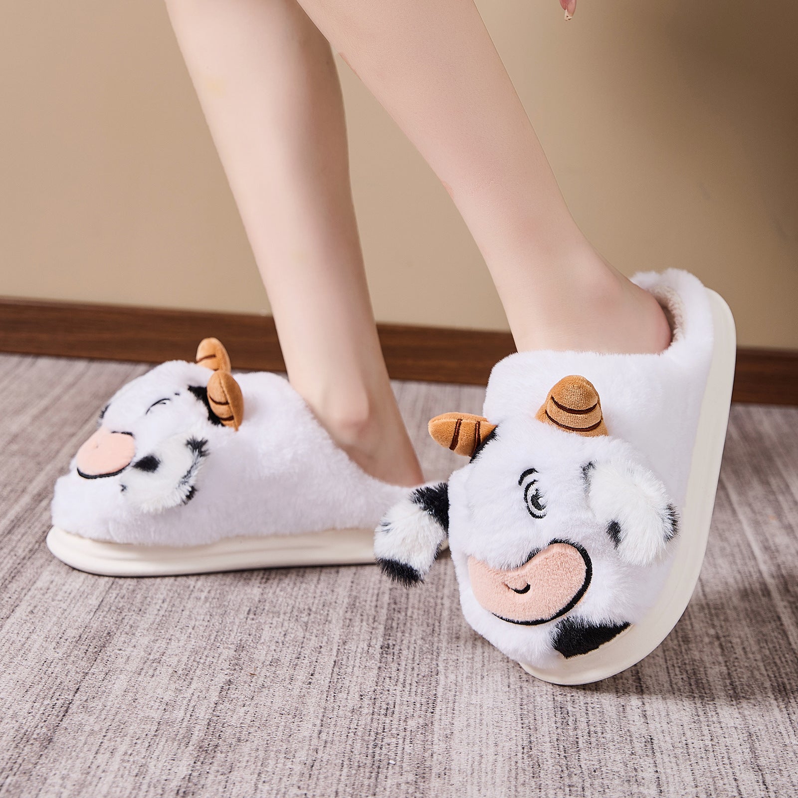 Indoor Platform Warm Cartoon Cow Fluffy Slippers