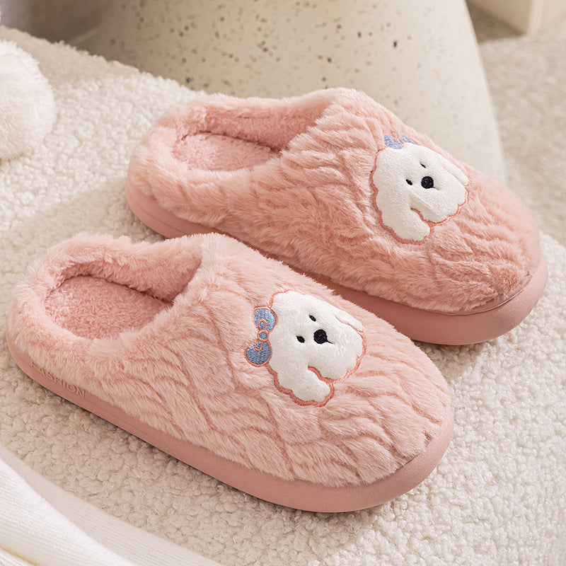 Couple Cotton Slippers Indoor Thickening Warm Plush Cotton Shoes in pink with fluffy dog design.