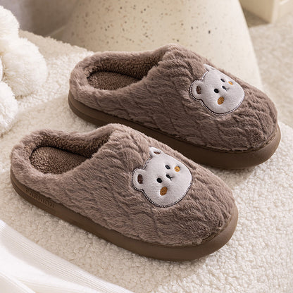Couple Cotton Slippers Indoor Thickening Warm Plush Cotton Shoes with bear design, soft brown color and cozy texture.